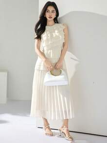 Heiryn Women's Solid Color Patchwork Ruffled Hem Elegant Dress - Apricot - View 5