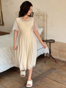 DAZY 少女优雅蕾丝拼接裹身睡袍家居服