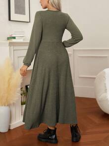 Cheriluna Maternity Maternity Solid Color Round Neck Nursing Function Casual Daily Wear Long Sleeve Dress - Army Green - View 2