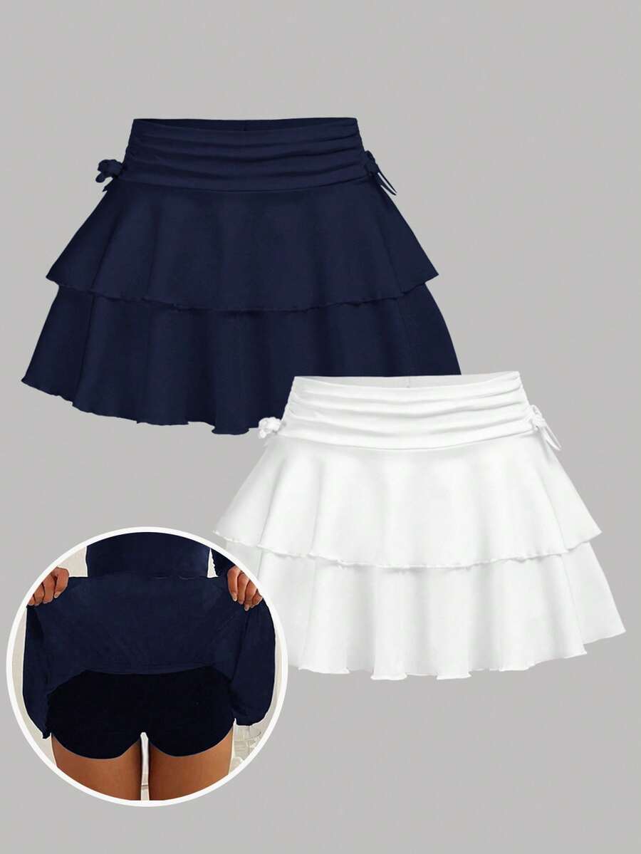 Girlism 少女两件套休闲褶皱腰部层叠荷叶边裙裤 - 藏蓝色 - 查看 1