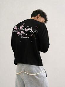 TOKVUE 男士休闲樱花标语套头T恤，春季版 - 黑色 - 查看 1