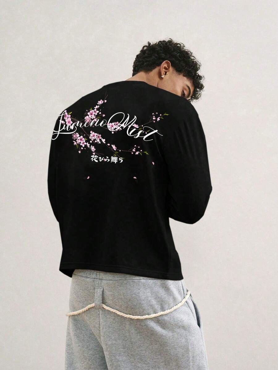TOKVUE 男士休闲樱花标语套头T恤，春季版 - 黑色 - 查看 1