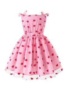 1pc Girls' Heart Flocked & Mesh Waist Cinched Dress, Suitable For Daily And Vacation Wear, Summer - Multicolor - View 2