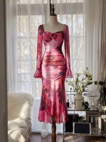 SHEIN MOD 复古浪漫提花3D花朵图案长袖修身鱼尾连衣裙（女款） - 彩色 - 查看 5