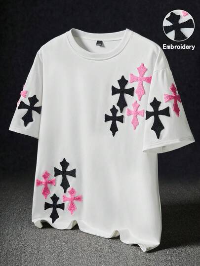 PAVTROS Men's Street-Style Popular Cross Full-Print Towel Embroidery, Contrast Color Towel Embroidery, Suitable For Outdoor Music Festivals, Daily Outings, Gatherings With Friends, Gifts For Boyfriend/Husband, Anniversary Gifts, White T-Shirt