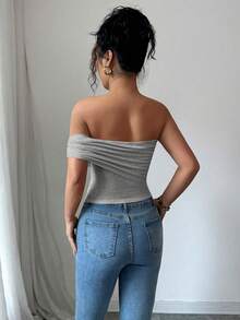 Rafferiza 女士优雅不对称下摆单肩装饰纽扣衬衫，夏季 - 淺灰色 - 查看 2