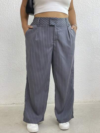 Calvaya 大码女式休闲百搭条纹高腰宽松飘逸阔腿裤