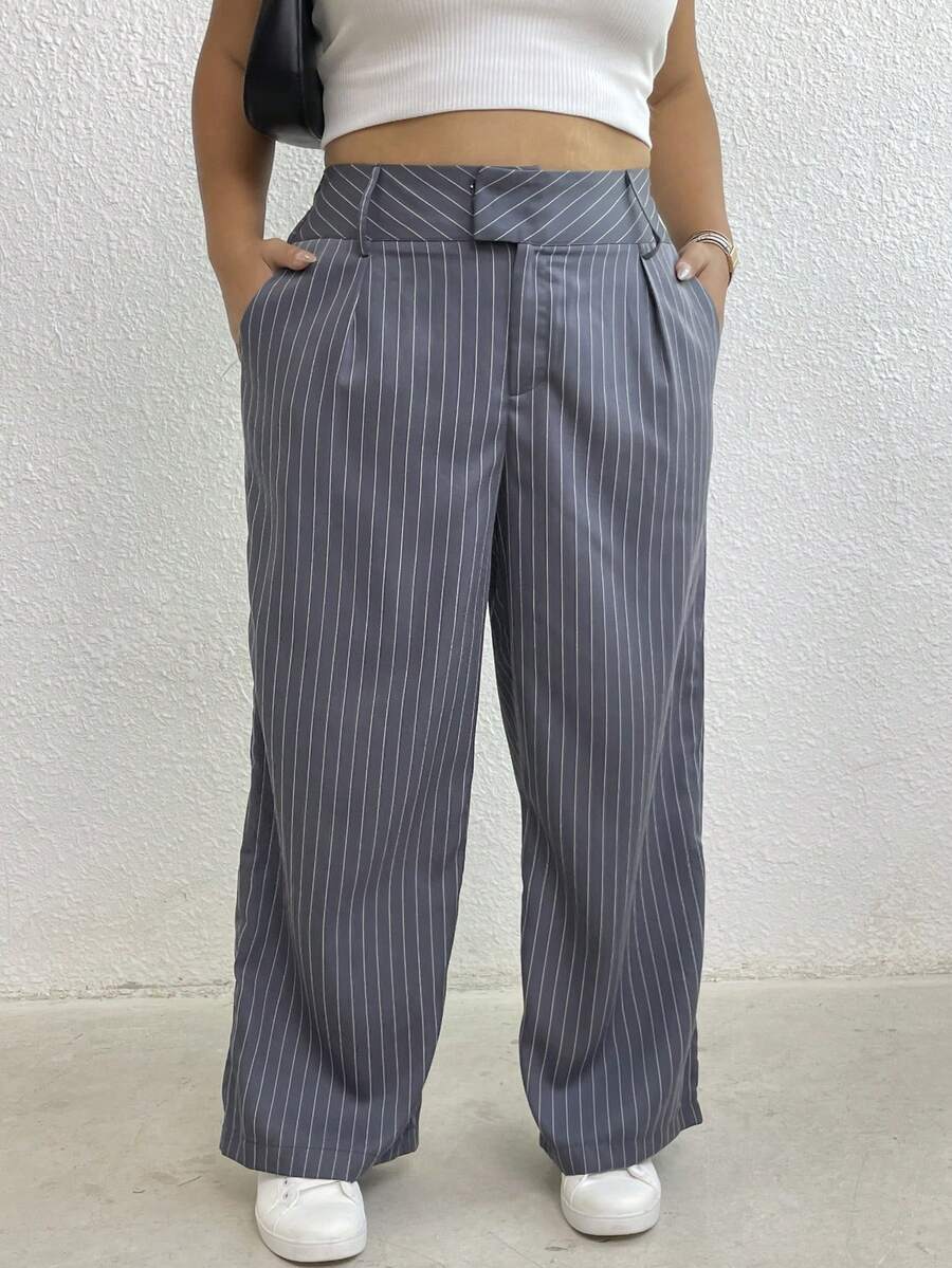 Calvaya 大码女式休闲百搭条纹高腰宽松飘逸阔腿裤