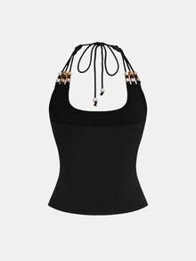 ROMWE Grunge Punk Spring/SummerblackVacation Retro Beaded Design Basic Minimalist Halter Neck Bodysuit - Black - View 2