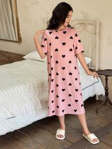 Dazy Kids Tween Girl Heart Print Loose Fit Round Neck Short Sleeve Casual Dress Spring - Pink - View 3