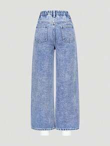 SHEIN ChillGRL 少女Y2K时尚都市街头风闪亮水钻细节舒适弹力腰阔腿牛仔裤，女孩必备时尚单品可爱宽松牛仔裤 - 中等水洗藍 - 查看 2