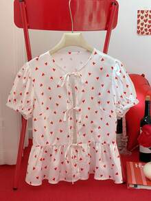 Comfortcana Women's Valentine's Day Heart Print Tie Front Shirt Valentine Clothes - White - View 4