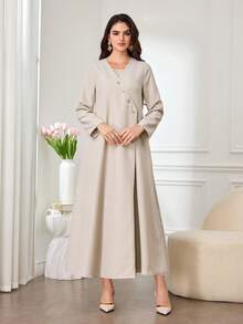 SHEIN Najma 时尚新款简约休闲亚麻质感女式长袍 - 淺灰色 - 查看 3