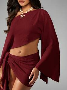 MISSGUIDED 露肩短款上衣搭配垂褶半裙罩衫套装，沙滩度假亚麻质感搭配 - 酒紅色 - 查看 6