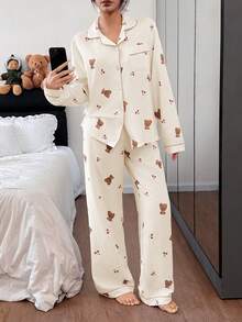 SHEIN Bộ đồ ngủ nữ tay dài và quần in hình gấu và quả anh đào dễ thương - Màu be - Xem 3