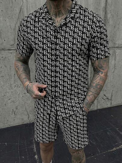 HIMLAND Men's Letter Print Short Sleeve Single-Breasted Shirt Paired With Shorts Set