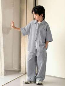 2pcs Kids/Tween Boys' Casual Striped Collar Open Front Loose Short Sleeve Shirt And Pants Set
