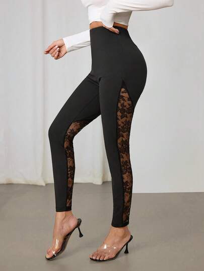 SHEIN PETITE Contrast Lace Panel Black Leggings Fall/Winter Women Clothes Back To School Modest Vintage Old Money Teacher Outfits For Women Airport