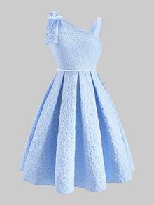 1pc Girls' Sleeveless One Shoulder Bowknot Waist A-Line Elegant Minimalist Wedding Flower Girl Bridesmaid Dress With Pearl Belt, Suitable For Daily Gatherings, Parties And Weddings - Blue - View 8