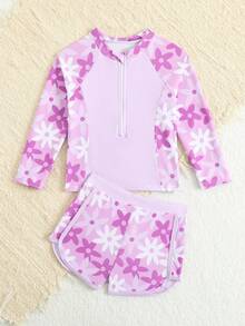 SHEIN Girls' 2 Pieces Swimwear Purple Plant Printed Long Sleeve Rash Guard And Shorts Set,Zipper Sunscreen Kids Bathing Suit For Summer,Beach,Holiday - Multicolor - View 5
