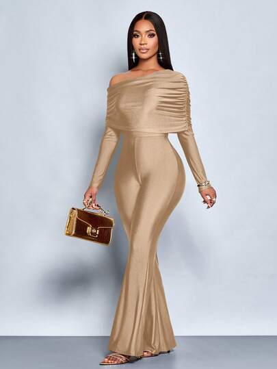 SOLERSUN Women's Fashion Elegant Daily Coffee Asymmetrical Neck Long Sleeve Jumpsuit