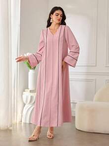 Al Najma Women's New Fashionable Casual Elegant Daily Wear Textured Fabric Splicing Contrast Waistband Loose Comfortable Arabic Style Dress - Pink - View 3