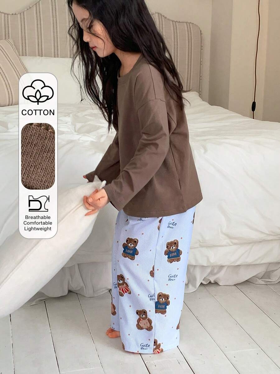 DAZY 2件套女童圆领长袖针织上衣和裤子家居服套装 - 棕色 - 查看 1