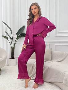 Côtesoire Ruffle Trim Satin PJ Set / Pajama Set Holiday Season, Fall Winter Clothes - Hot Pink - View 3