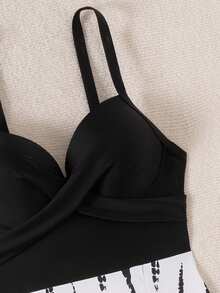 Swim Lushoire 女士夏季沙滩度假吊带比基尼，收腹塑形模杯不可拆卸衬垫钢圈聚拢分体式泳衣比基尼泳裤 - 黑與白 - 查看 7