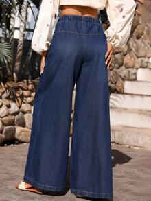 Breezaya Women's Casual Drawstring Waist New Loose Fit Flare Leg Jeans Spring Summer  Vacation - Dark Wash - View 2