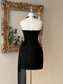 Lovelzi Robe de cocktail courte élégante et luxueuse en tricot patchwork à franges avec broderie de perles noires, décoration dégradée de sequins fait main, coupe bustier évasée - Noir - Voir 8