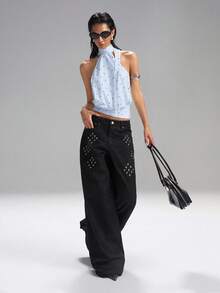 LYSMO 女士波点高领拉链针织背心，无袖，简约休闲，适合日常通勤，多色撞色背心 - 彩色 - 查看 3