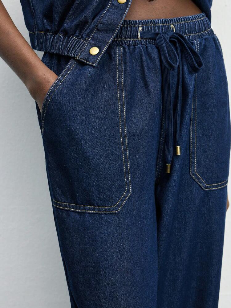 SHEIN Maija Women's Casual Loose Drawstring Waist Jeans,Low-Rise Balloon Pants, Summer Harem Pants