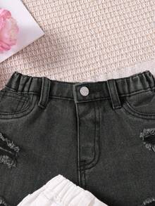 SHEIN 2pcs/Set Girls Denim Ripped Shorts, Black & White - Multicolor - View 4