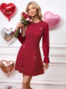 SHEIN Clasi Women's Heart Print Mesh Patchwork Mini Dress - Burgundy - View 5