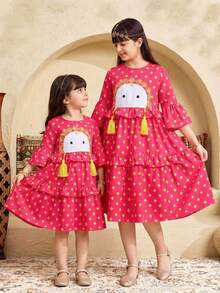 SHEIN Đầm maxi dáng chữ A tay phồng phối màu họa tiết hoa retro cho bé gái tuổi teen - Hồng - Xem 6