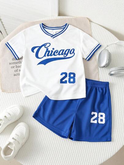 SHEIN 2pcs/Set Young Boys' Casual English Number Graphic Comfortable Blue & White Striped V-Neck Loose White Short Sleeve T-Shirt And Blue Shorts, Suitable For Outdoor, Sports, Spring/Summer,Toddler Boy Clothes,Toddler,Easter Gift For Boys Suitable For Spring/Summer, Outings, Valentine's Day, Dates, Travel, Vacations, Family Gatherings, Back To School, Weddings, Evenings, Sports, Birthday Parties