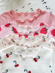 SHEIN LMoss Kids 4pcs/Set Cute Ditsy Floral Short Sleeve Knit Tops,Versatile Summer Cherry Baby Clothes Girl Watermelon Shirts Strawberry - Multicolor - View 6