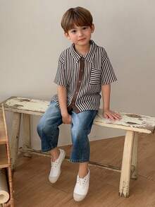 Dazy Kids 男童贴袋撞色条纹印花纽扣短袖T恤 夏季 - 棕色 - 查看 7