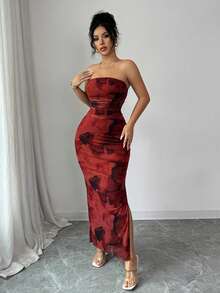 Rafferiza Đầm dự tiệc không dây vai, xẻ tà, chất liệu lưới, xếp ly, in họa tiết tie-dye thanh lịch dành cho nữ. - Đỏ - Xem 3