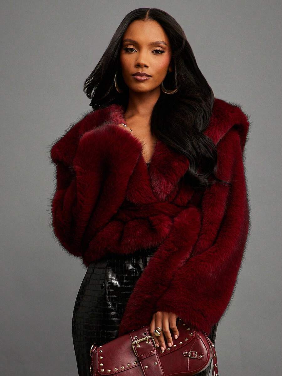 NYA SZN Jacket Long Sleeve Cropped Hoodie Faux Fur Red Holiday Statement Event Special Occasion Party Elegant Chic Winter Bold Streetwear Valentines Day Date Night Going Out Outerwear Outfits For Women - Red - View 1