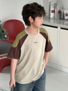 Dazy Kids Tween Boy Summer Casual Daily Commute Fashion Street Letter Print Contrast Raglan Sleeve Loose T-Shirt Spring - Apricot - View 3