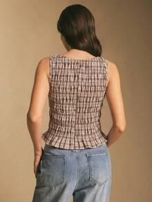 Poéselle 女士格子荷叶边下摆时尚吊带衫 - 卡其色 - 查看 2