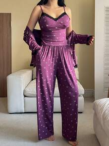 DAZY Conjunto de pijama de 3 piezas con top de tirantes, cárdigan y pantalones con estampado de lazo de primavera, bloques de color y encaje - Morado - Ver 6