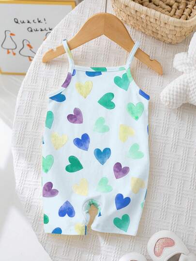 SHEIN Cream Blue, Colorful Hand-Painted Heart Print, Baby Girl Casual Romper, Suitable For Spring/Summer