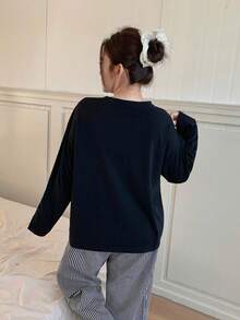 Dazy Plus Plus Size Women Letter Print Loose Long Sleeve Crew Neck Top And Striped Pajama Pants Sleepwear Set - Black - View 2
