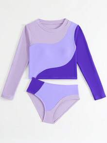 SHEIN 少女两件式泳衣套装，紫色拼接长袖比基尼上衣和下装，沙滩度假泳装