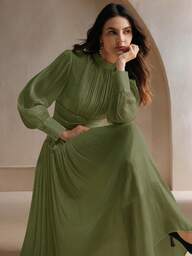 Anewsta Petite Elegant Round Neck Lantern Sleeve Long Dress For Women