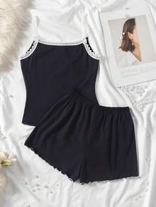 SHEIN 少女撞色滚边吊带背心和短裤睡衣套装 - 藍色 - 查看 2