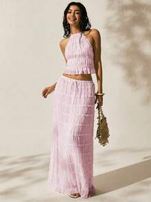 Easelle Bộ váy áo nữ đi nghỉ mát lãng mạn hở lưng cổ yếm eo thấp - Hồng - Xem 6